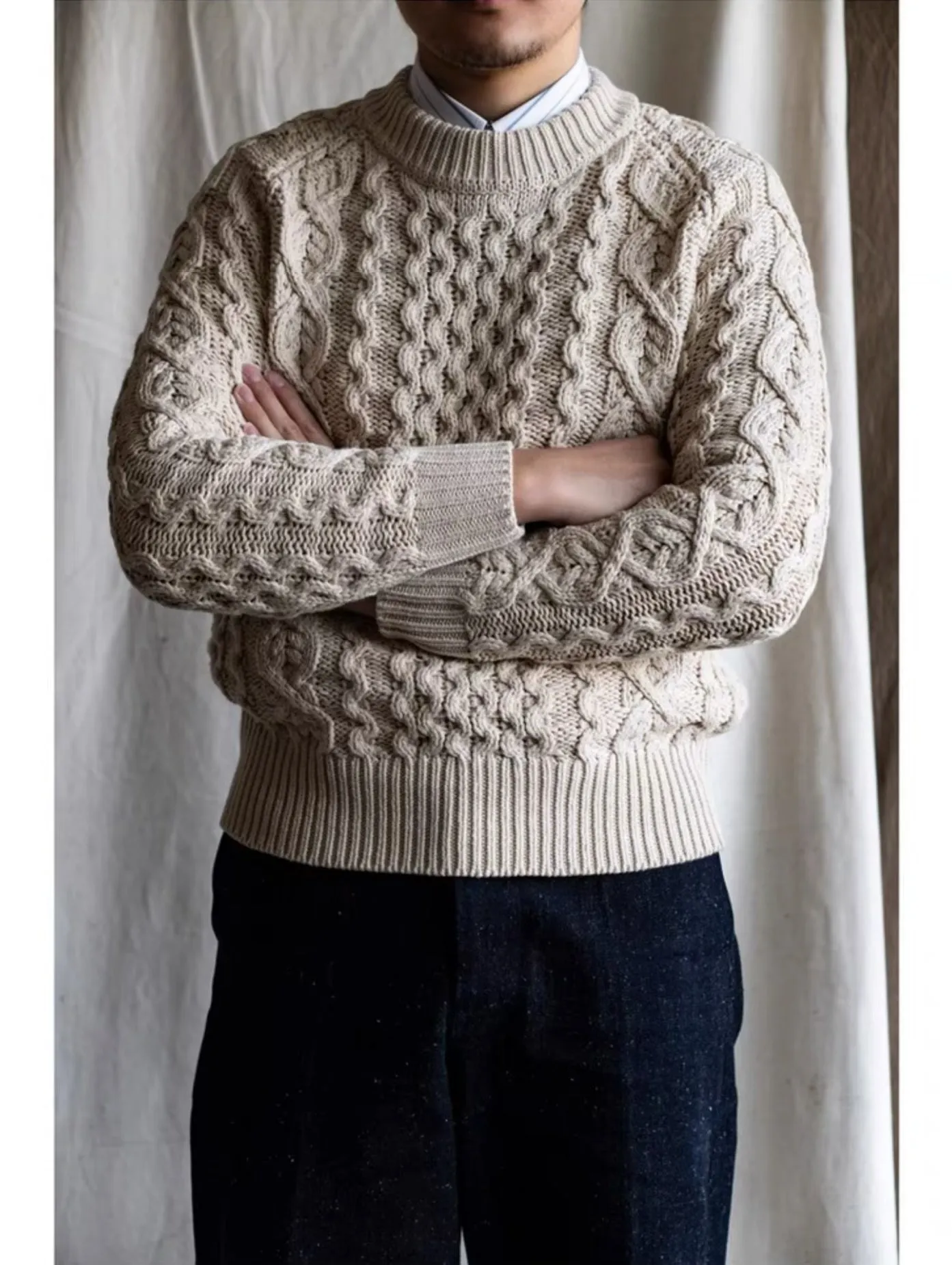 Men's Knitted Lattice Cable Aran Pullover