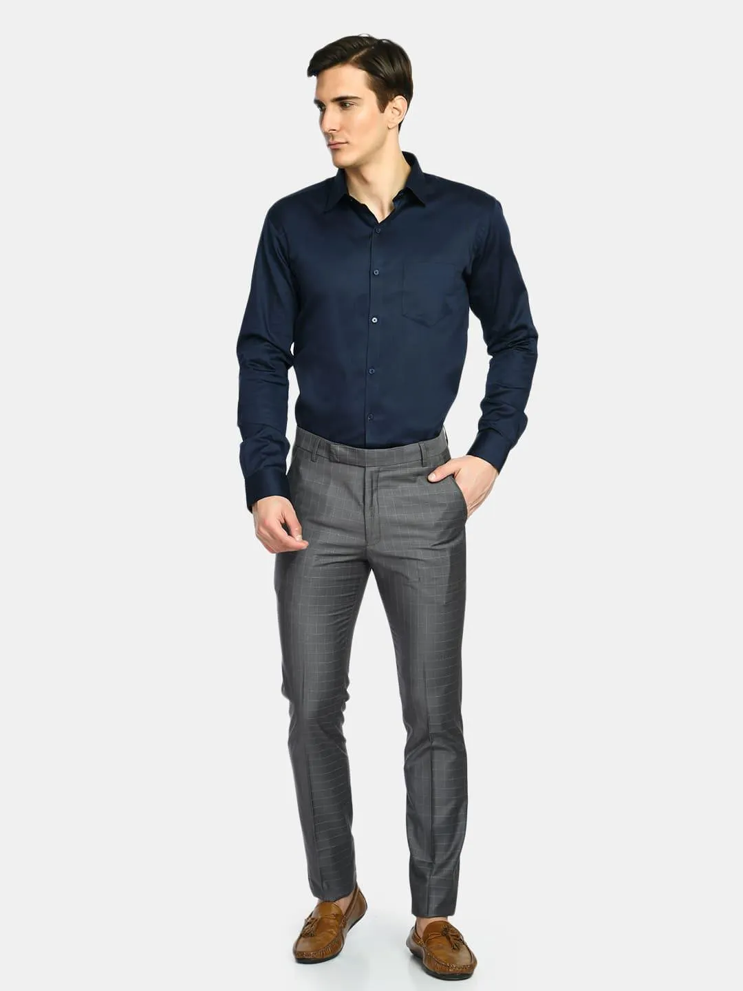 Men's Navy Spread Collar Solid Giza Cotton Formal Shirt