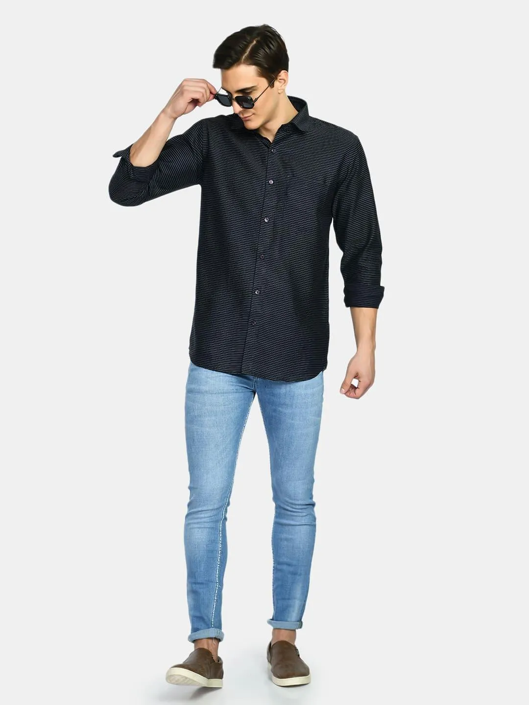 Men's Navy Stripes Cotton Regular Fit Shirt