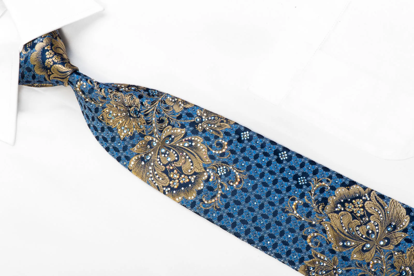 Men's Rhinestone Silk Tie Gold Floral On Blue With Gold Sparkles Too