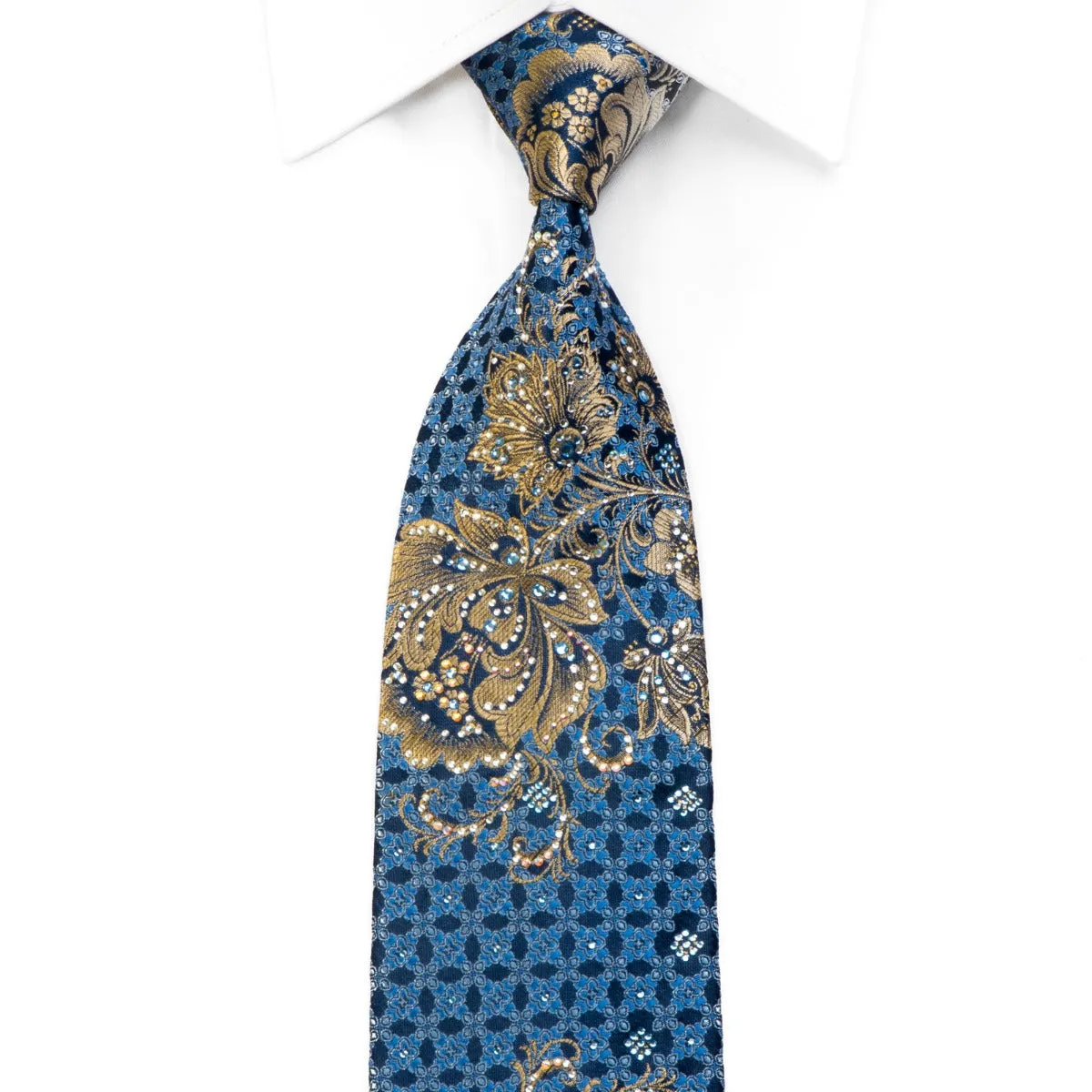 Men's Rhinestone Silk Tie Gold Floral On Blue With Gold Sparkles Too