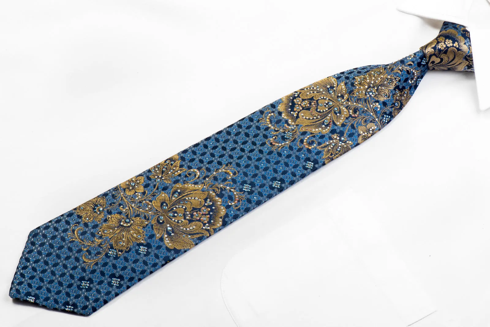 Men's Rhinestone Silk Tie Gold Floral On Blue With Gold Sparkles Too