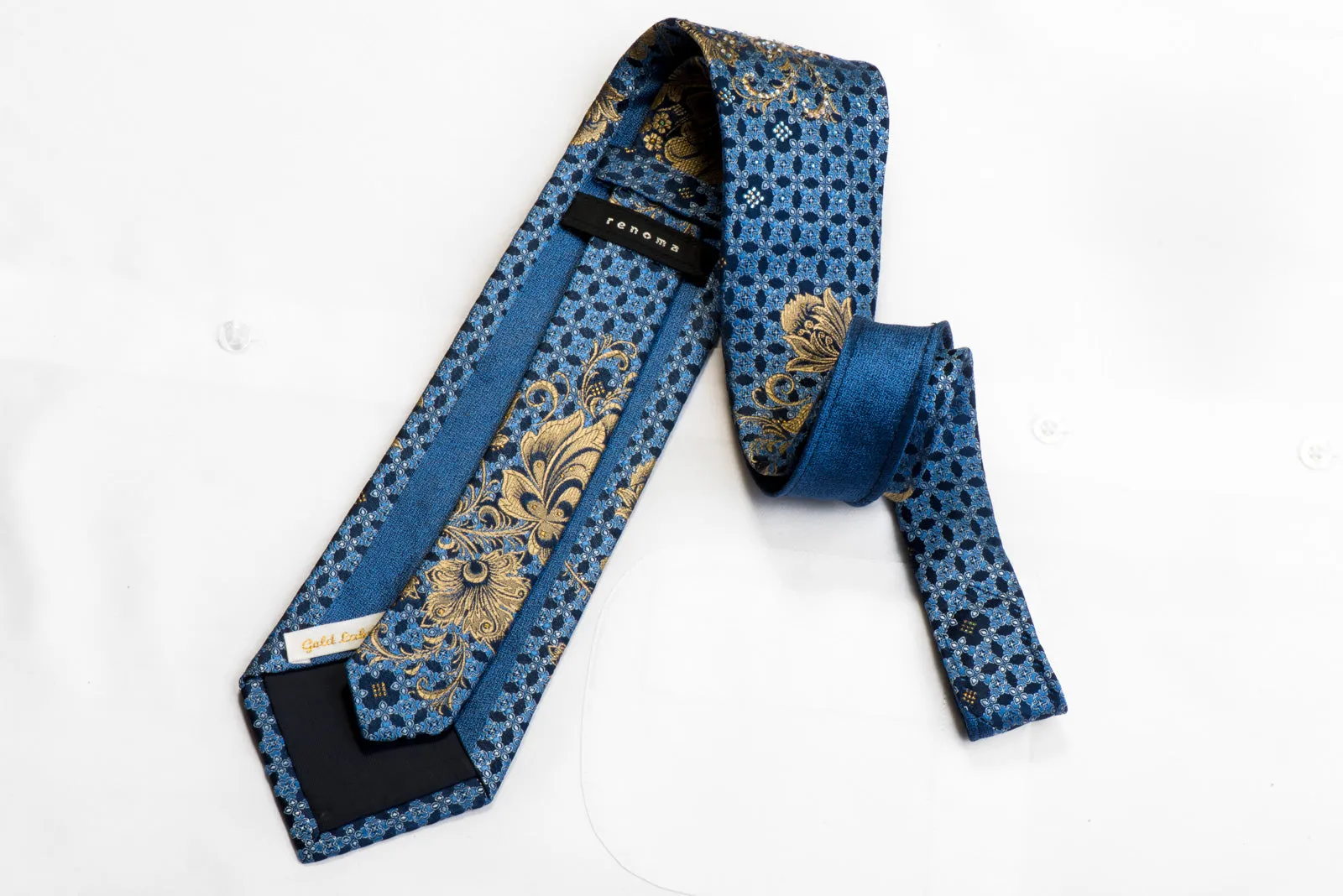 Men's Rhinestone Silk Tie Gold Floral On Blue With Gold Sparkles Too
