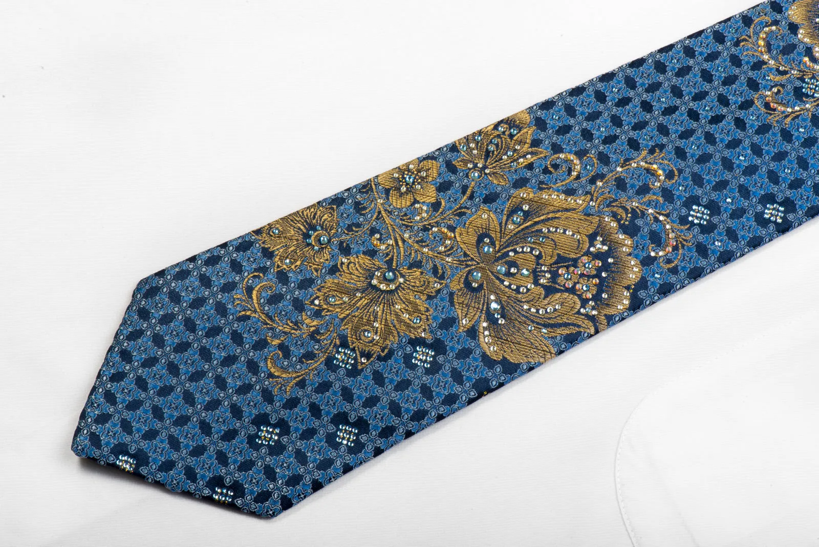 Men's Rhinestone Silk Tie Gold Floral On Blue With Gold Sparkles Too