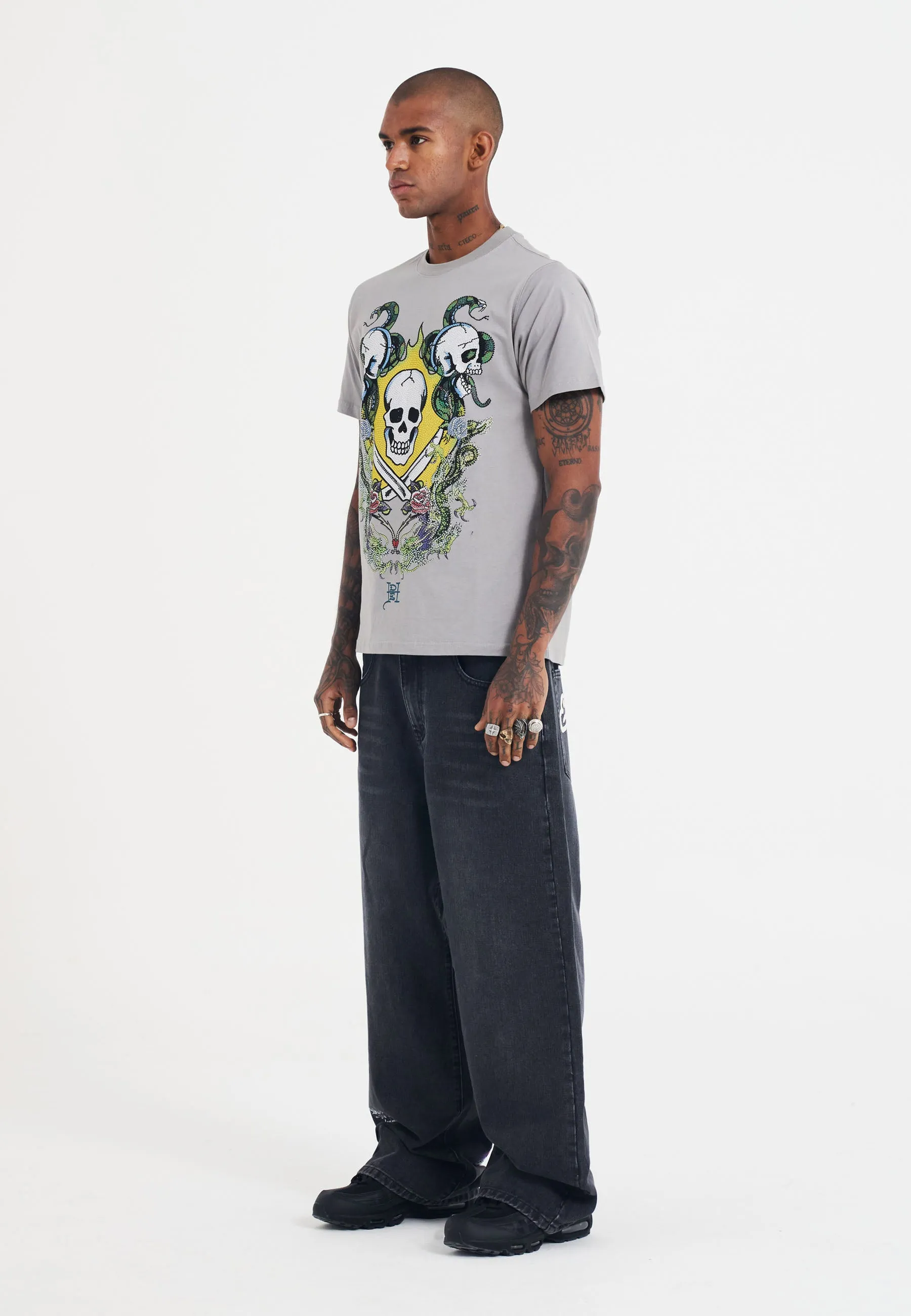 Mens Skull And Drag Battle Diamante Tshirt - Grey