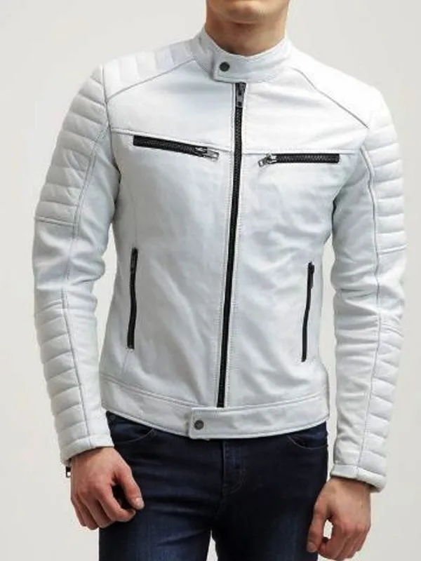 Men's Slim Fit Padded  White Leather Biker Jacket