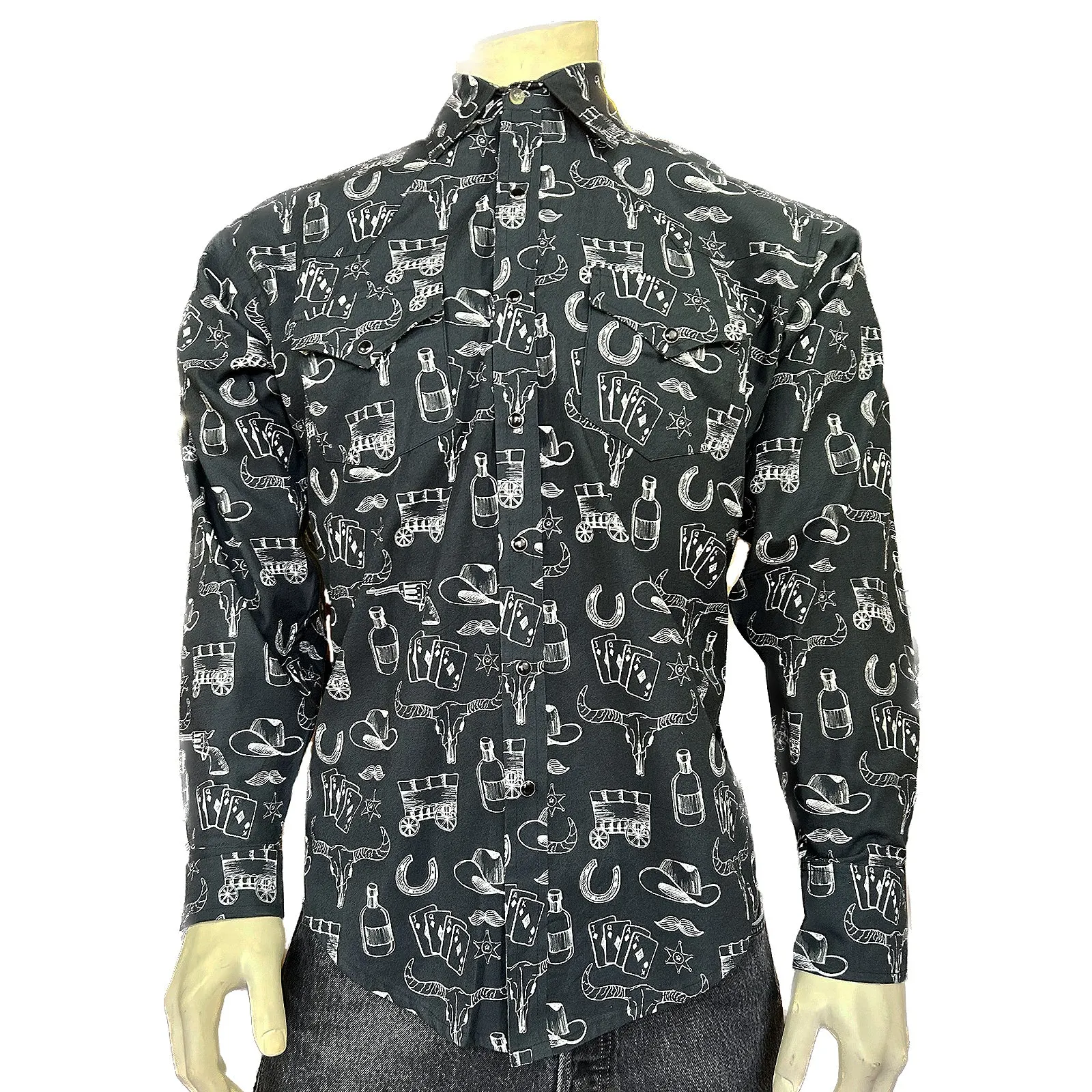 Men's Vintage Black Hat & Horse Shoe Card Western Print