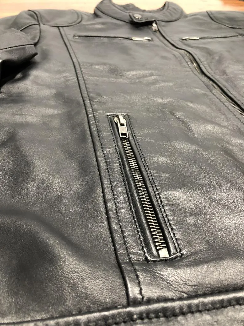 MEN'S VINTAGE CAFE RACER BLACK BROWN GENUINE LEATHER SLIM FIT RETRO BIKER JACKET