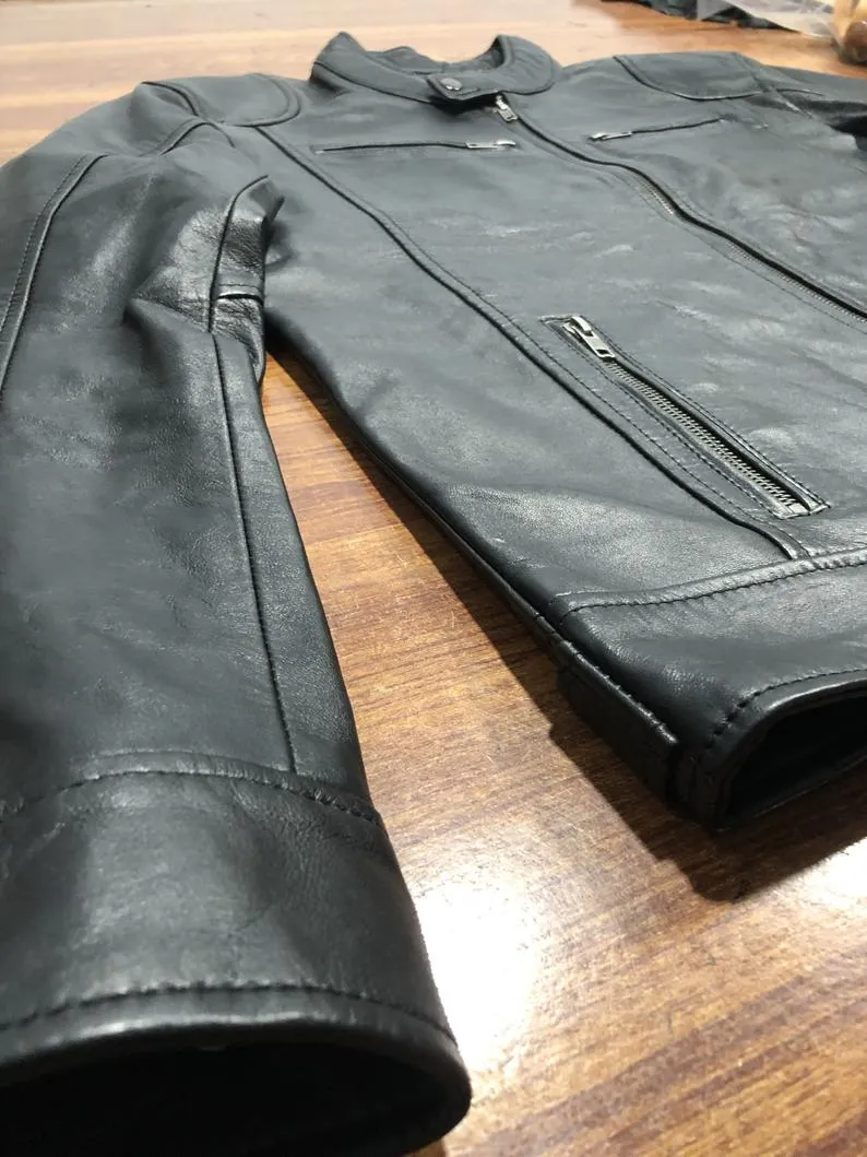 MEN'S VINTAGE CAFE RACER BLACK BROWN GENUINE LEATHER SLIM FIT RETRO BIKER JACKET