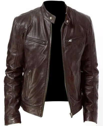 MEN'S VINTAGE CAFE RACER BLACK BROWN GENUINE LEATHER SLIM FIT RETRO BIKER JACKET