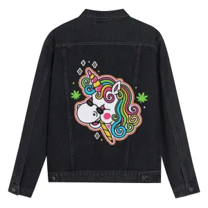 Mens Vintage Cartoon Prints Colorful Unicorn Denim Jacket