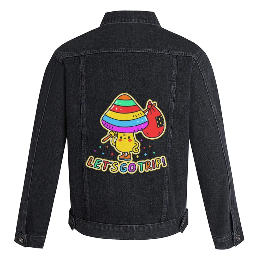 Mens Vintage Cartoon Prints LET'S GO TRIP! Denim Jacket