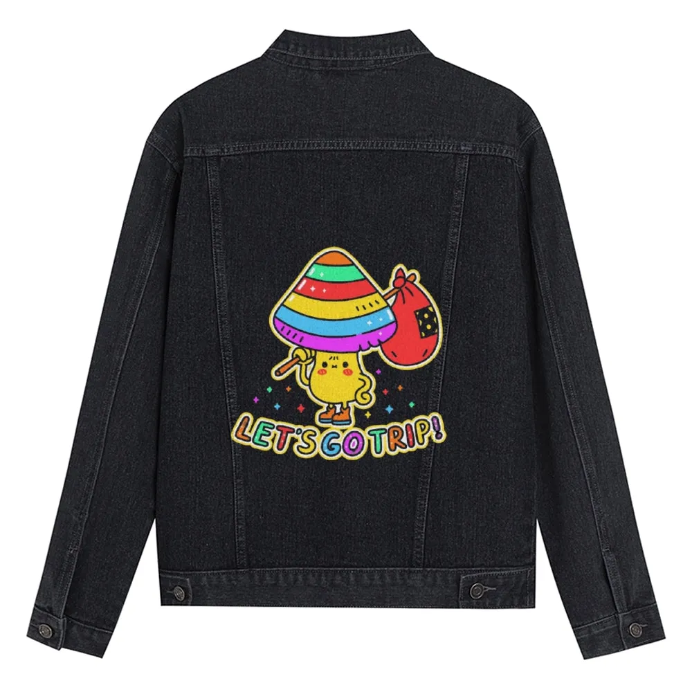 Mens Vintage Cartoon Prints LET'S GO TRIP! Denim Jacket