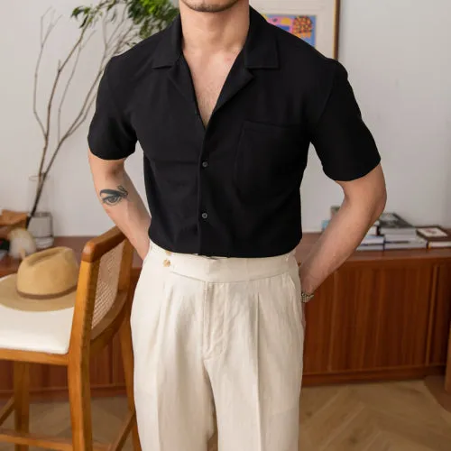 Men's Waffle Cuban Collar Slim Fit Stretch Short Sleeve Shirt