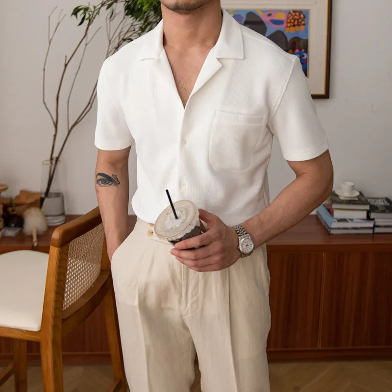 Men's Waffle Cuban Collar Slim Fit Stretch Short Sleeve Shirt