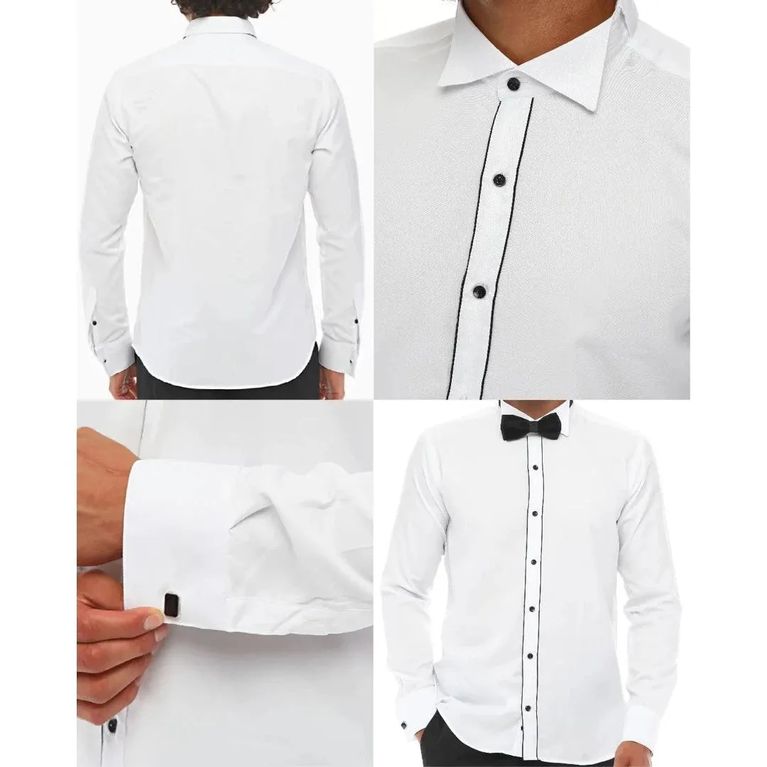 Mens Wing Collar Shirt Tuxedo White Black Piping Double Cuff Dinner Classic