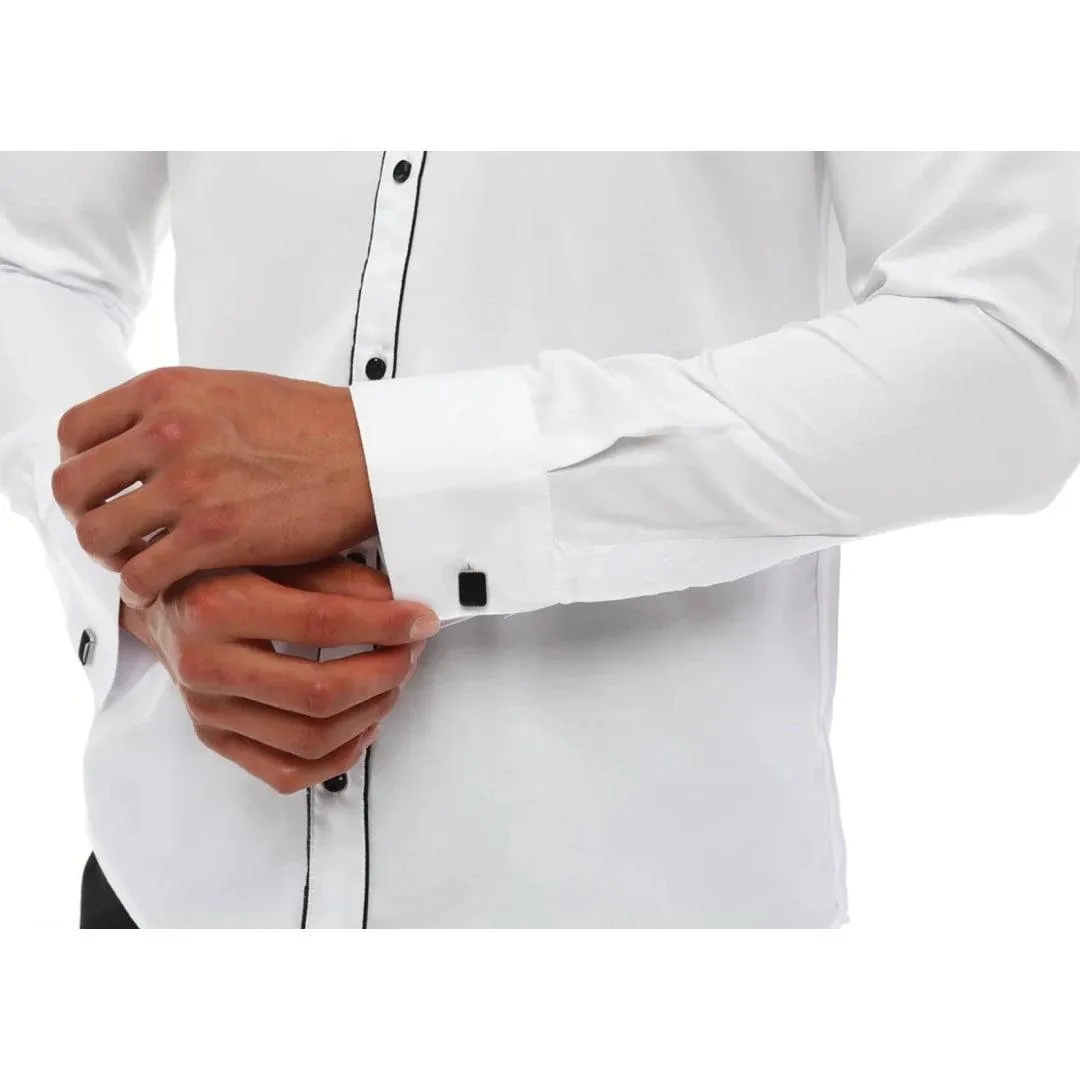 Mens Wing Collar Shirt Tuxedo White Black Piping Double Cuff Dinner Classic