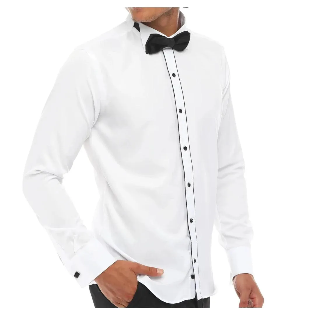 Mens Wing Collar Shirt Tuxedo White Black Piping Double Cuff Dinner Classic