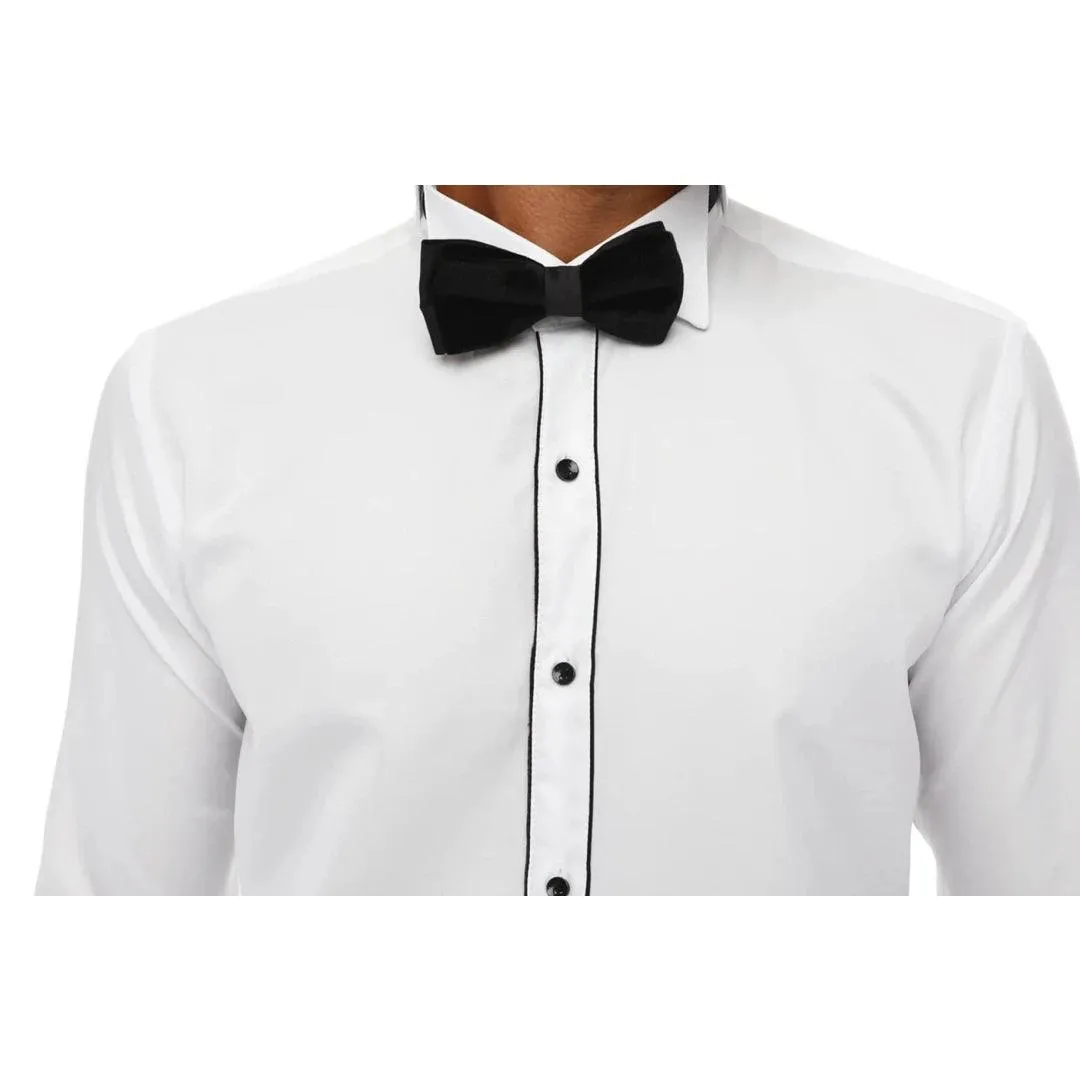 Mens Wing Collar Shirt Tuxedo White Black Piping Double Cuff Dinner Classic