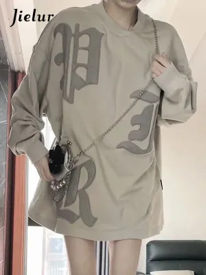 Metaversmall Solid Color Embroidery Loose Female Hoodies Casual Office Ladies O-neck Pullovers Simple Women Hoodie Fashion Streetwear