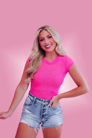 Mila Mesh Rhinestone Bodysuit - Pink