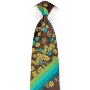Mila Schon Rhinestone Necktie Green Turquoise Floral On Brown