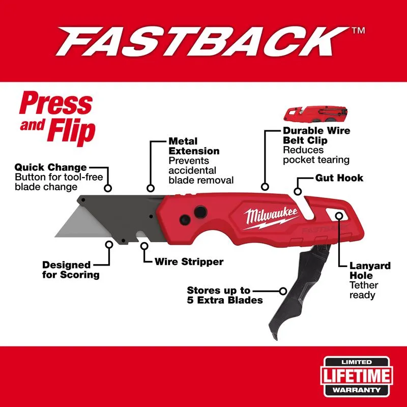 Milwaukee Fastback 6.87 in. Press and Flip Folding Utility Knife Set Red 2 pk