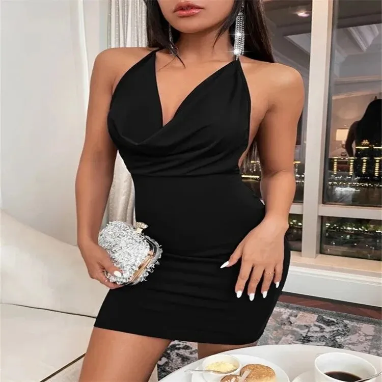 Mini Dress Elegant Hang Neck Hollow Backless*