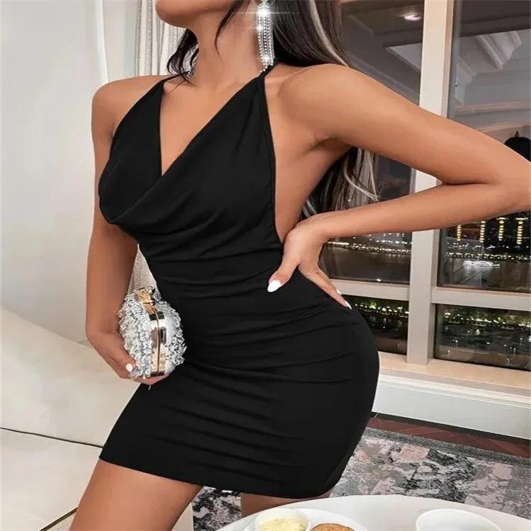 Mini Dress Elegant Hang Neck Hollow Backless*