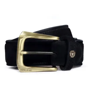 Mini Lion Mens Black Suede Belt With Golden Slant Shape Buckle By Brune & Bareskin