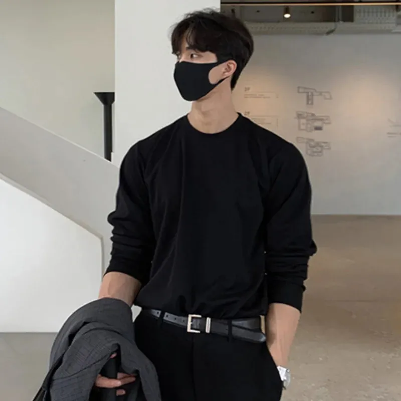 Minimalist Men's T-shirts Round Neck Long Sleeve Casual Clothing Solid Color Loose Male Tees Simple Summer 9C6423