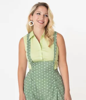 Mint Green Sleeveless Collared Cotton Button Up Blouse