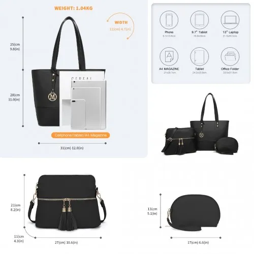 Miss Lulu 3 Piece Leather Look Tote Bag Set - Black | Stylish and Versatile PU Leather Bags