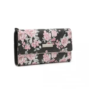 Miss Lulu Ladies' Flower Printed PU Leather Long Purse - Elegant & Spacious Black Wallet with Card Slots