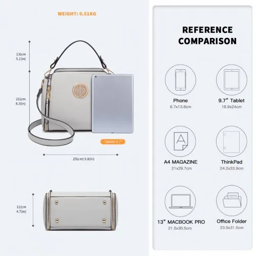 Miss Lulu Leather Look Practical Crossbody Bag - Grey | Lightweight & Stylish Everyday Handbag