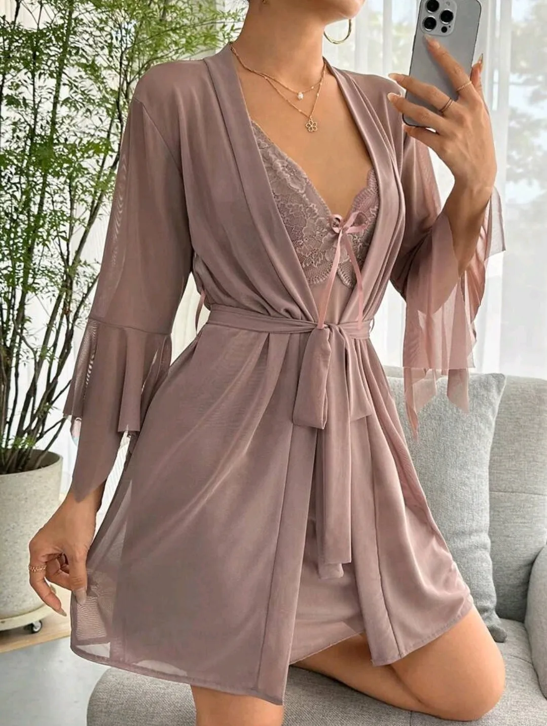 Mocha Chiffon 2 Piece Night Dress Set