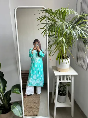 Modal Chikankari Cotton Kurti - Cyan Green