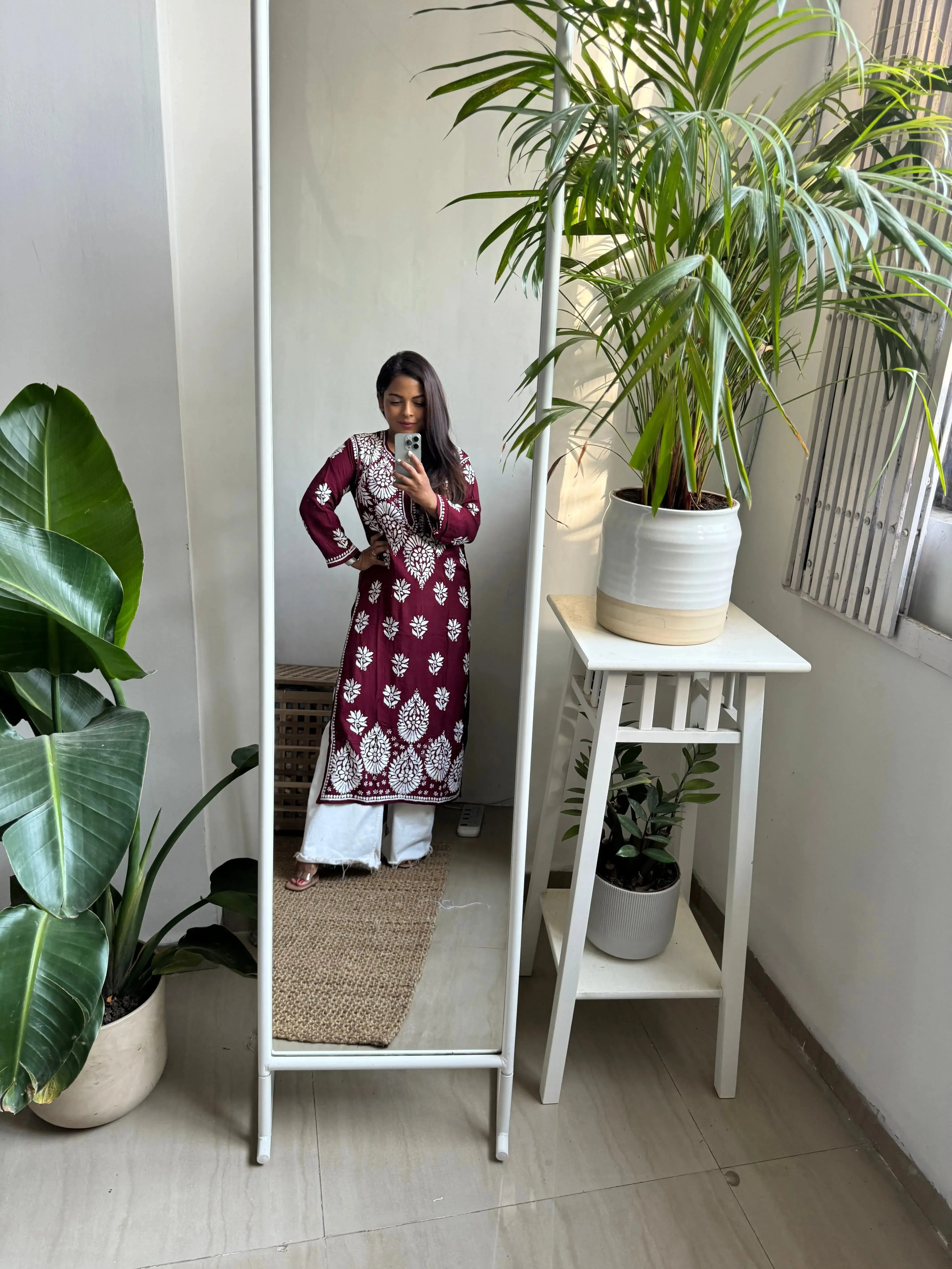 Modal Chikankari Cotton Kurti - Maroon