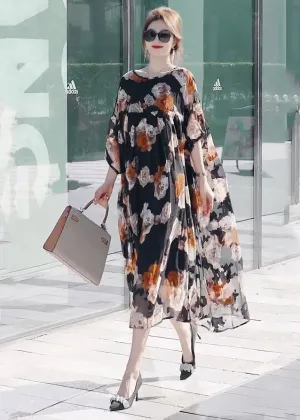 Modern Black Oversized Patchwork Print Chiffon Dresses Summer