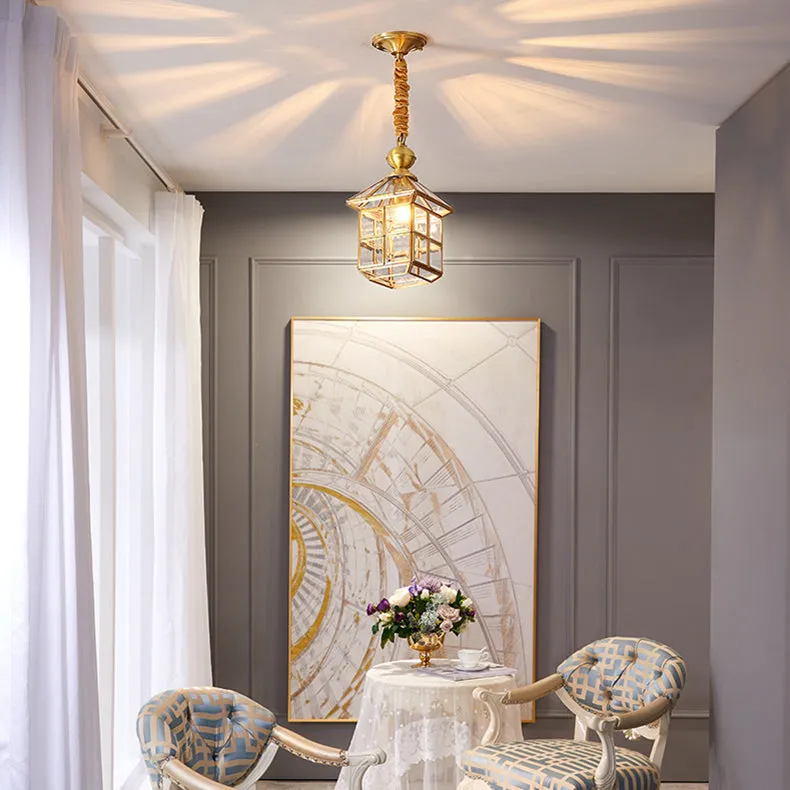 Modern Luxury Gold Finish Frame Geometric Glass Shade 1-Light Pendant Light For Bedroom