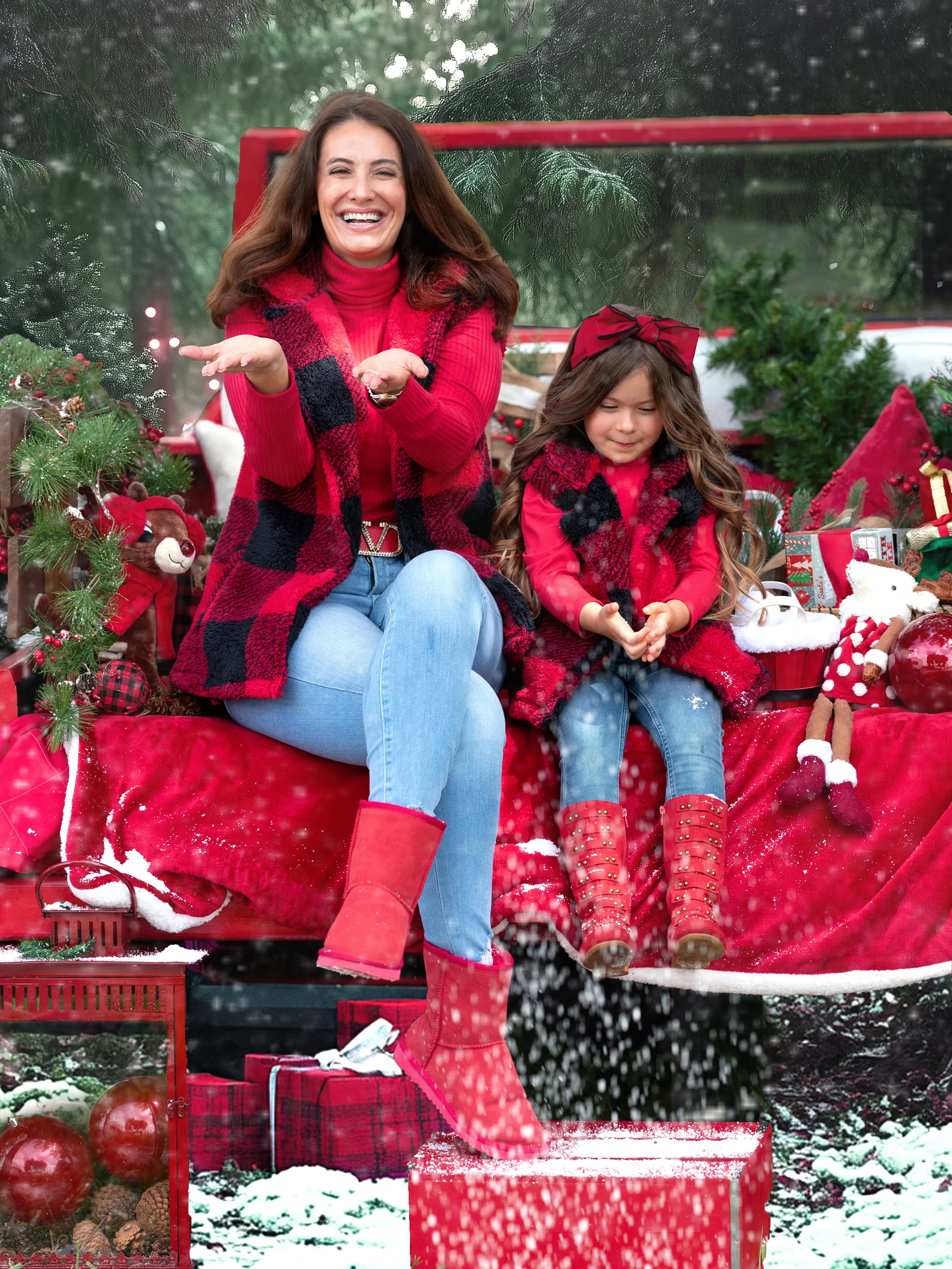 Mommy and Me Cozy Faux Fur Buffalo Plaid Vest