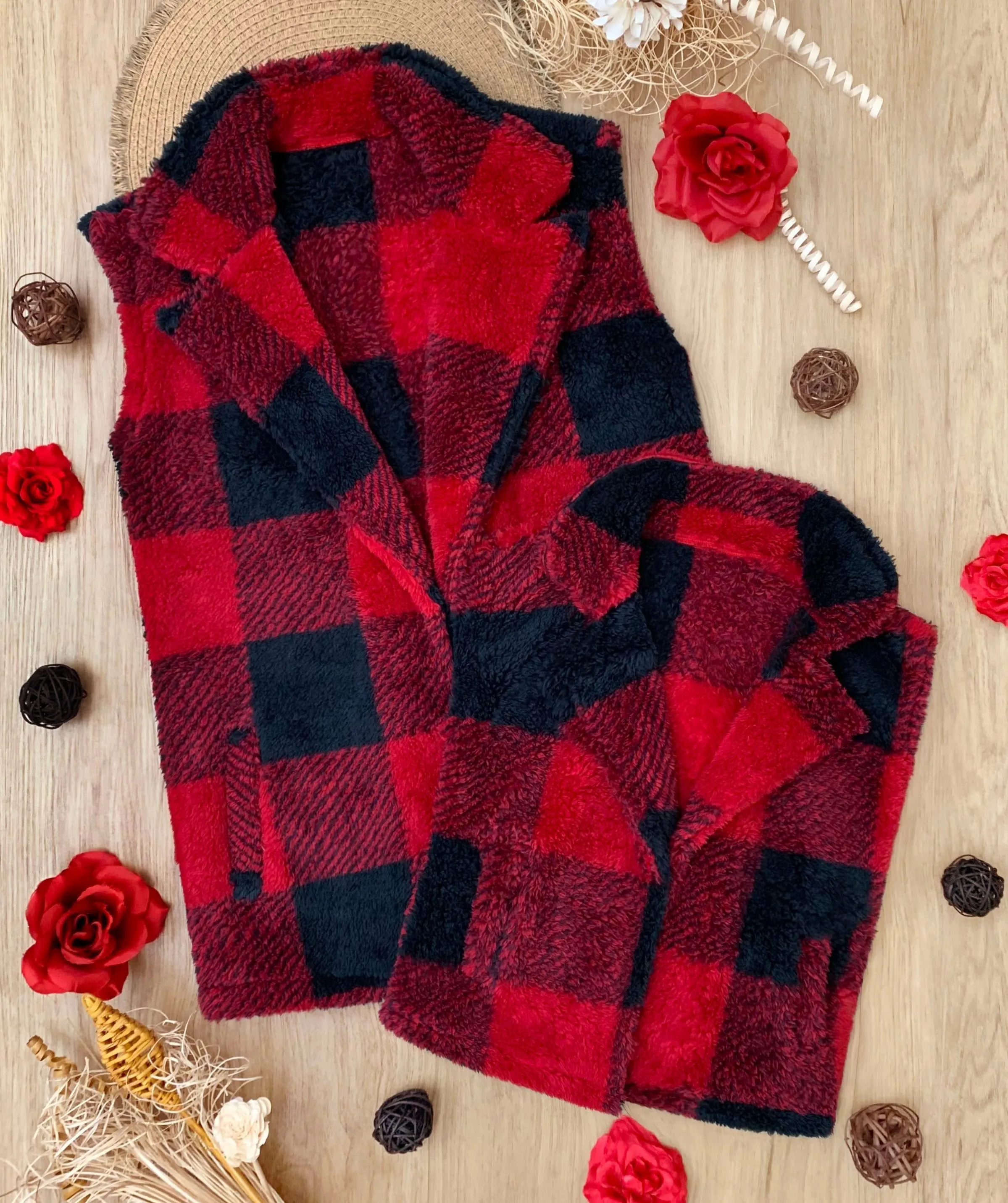Mommy and Me Cozy Faux Fur Buffalo Plaid Vest