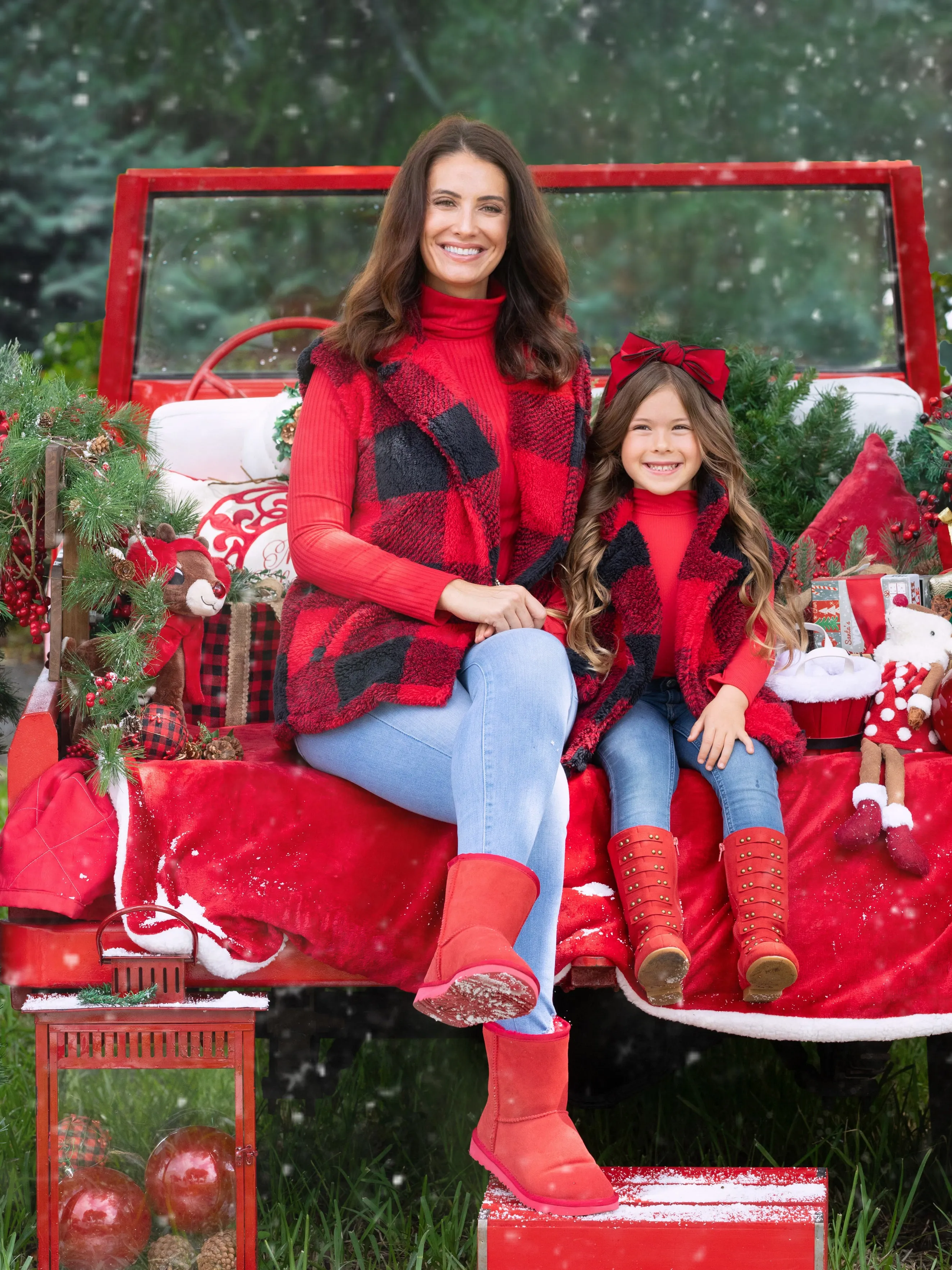 Mommy and Me Cozy Faux Fur Buffalo Plaid Vest