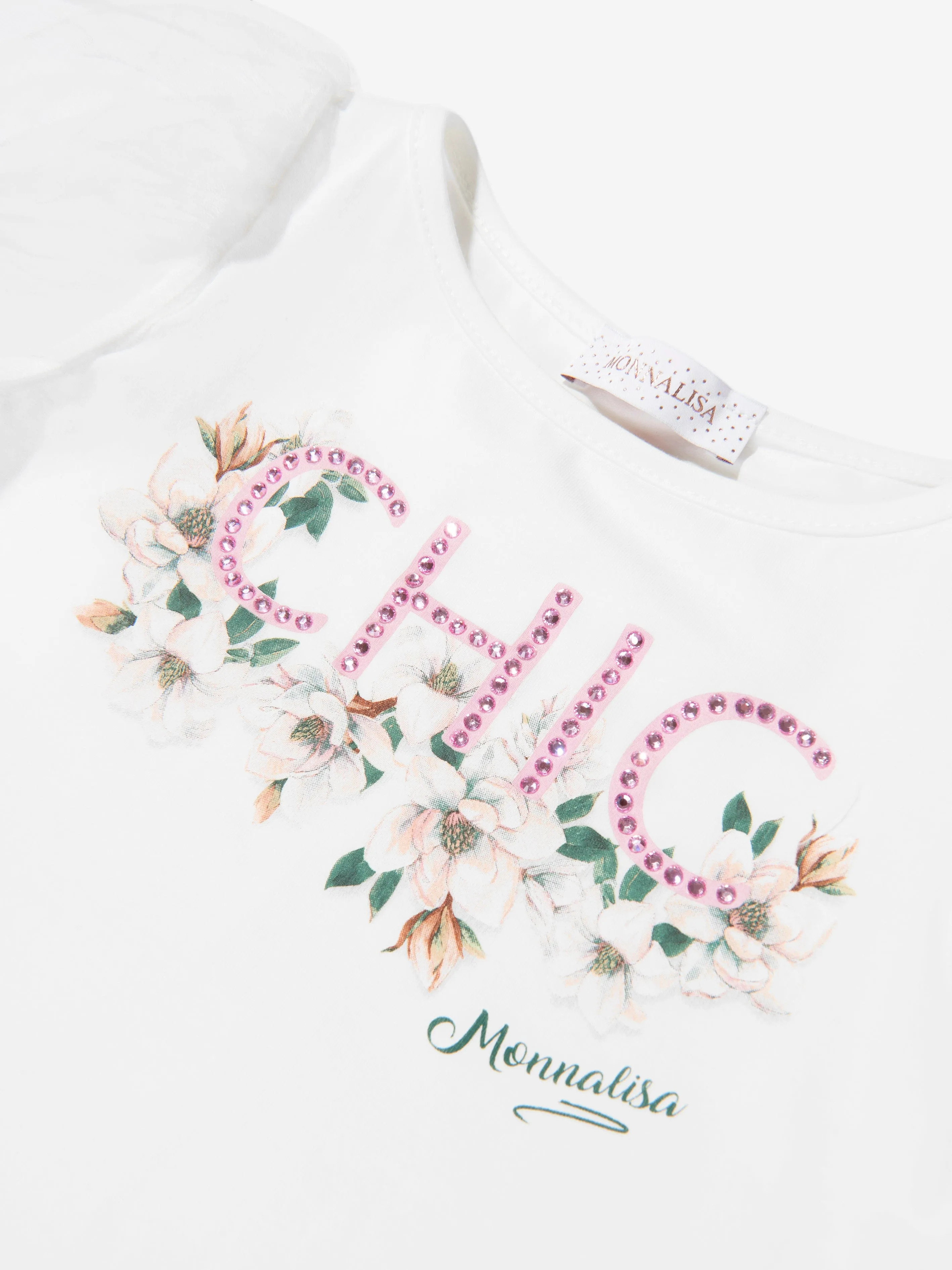 Monnalisa Girls Chic Tulle Sleeve T-Shirt In Cream