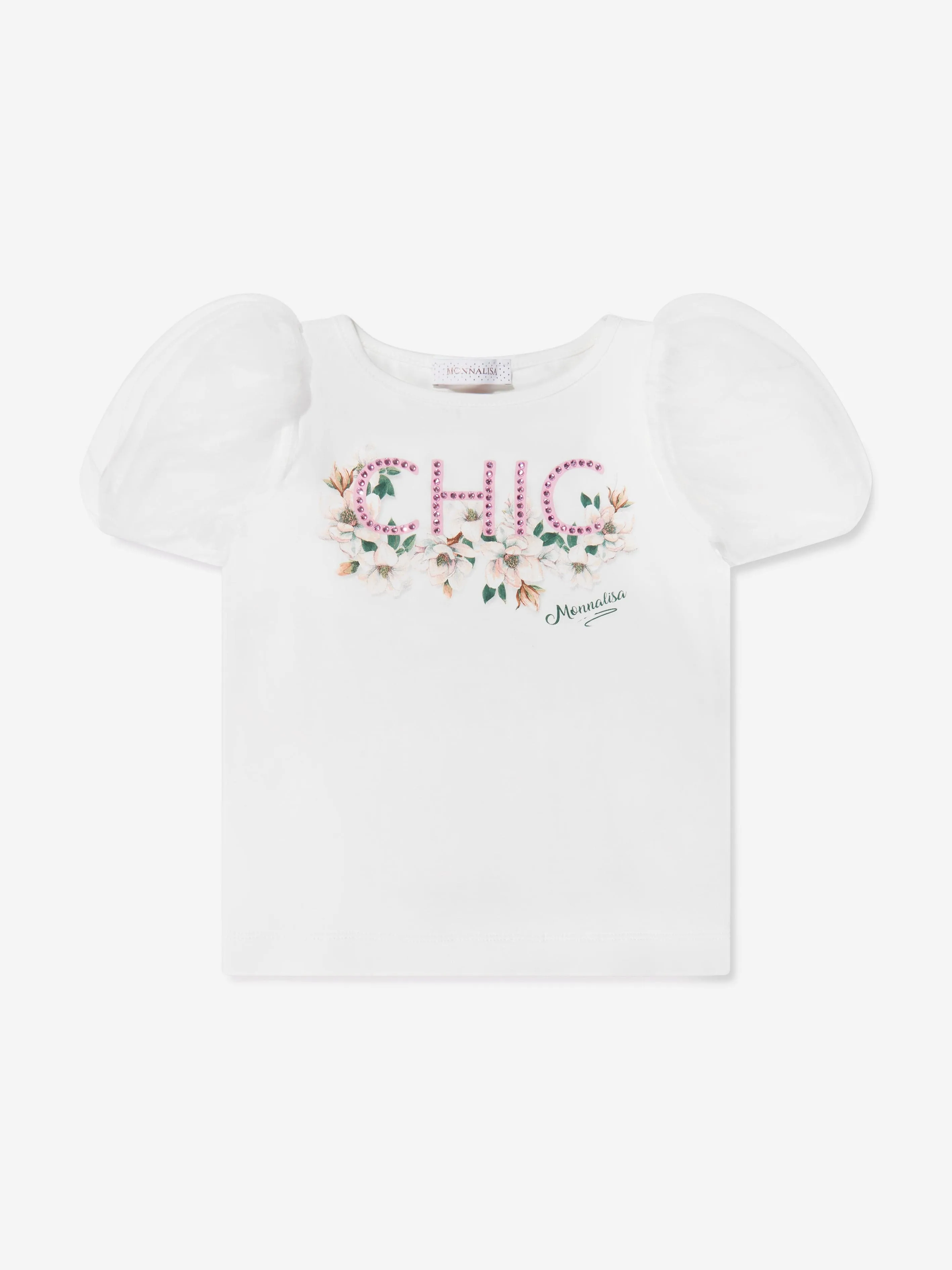 Monnalisa Girls Chic Tulle Sleeve T-Shirt In Cream
