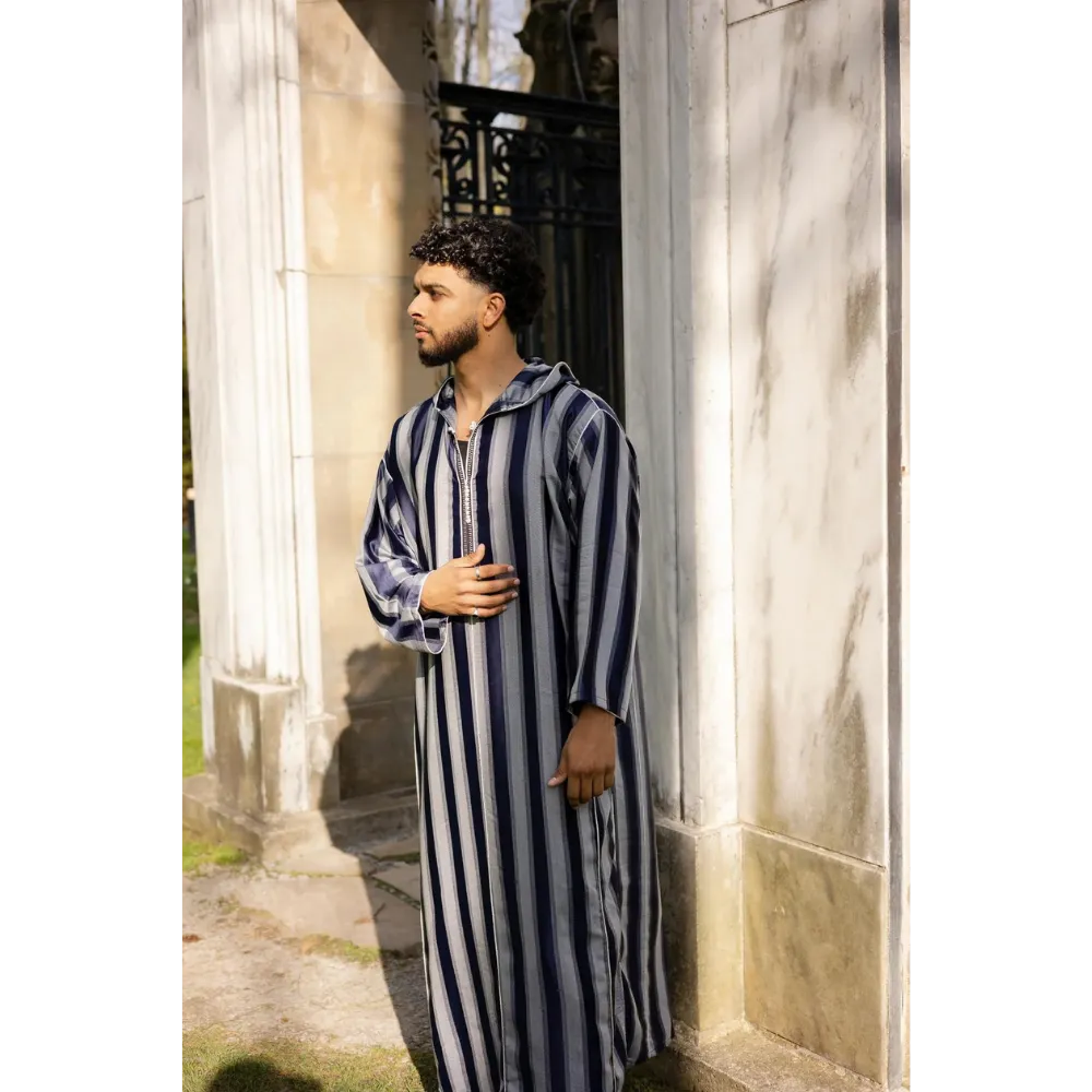Moroccan Striped Hoodie Thobe - Indigo and Grey