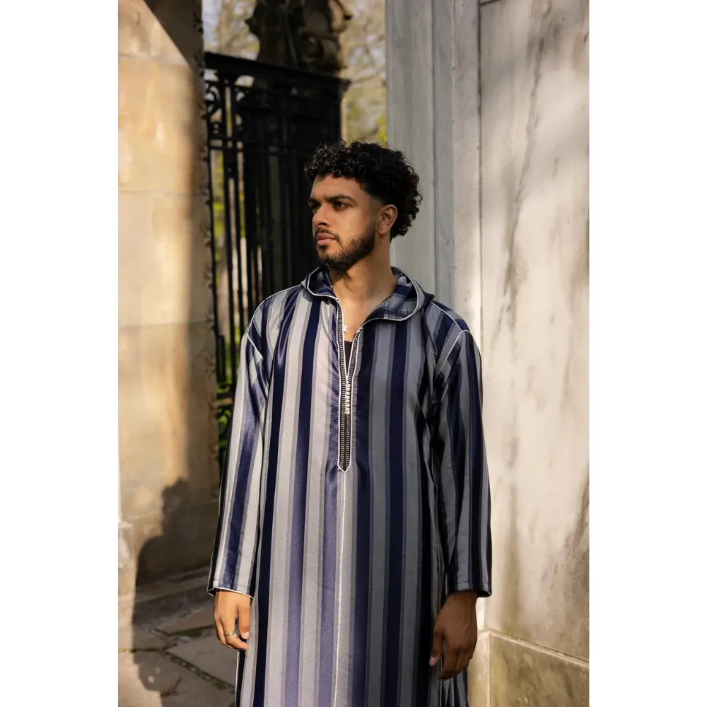 Moroccan Striped Hoodie Thobe - Indigo and Grey