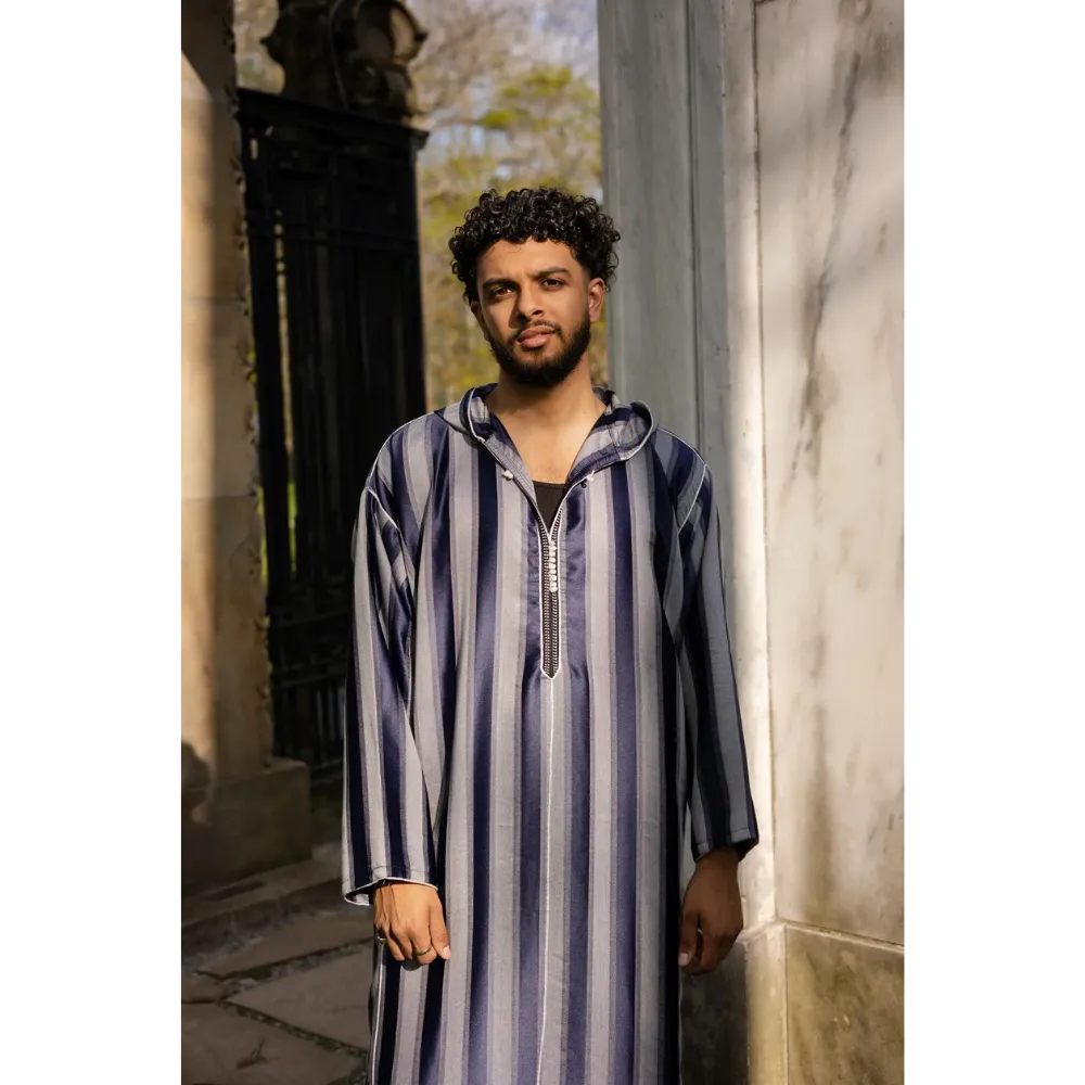 Moroccan Striped Hoodie Thobe - Indigo and Grey