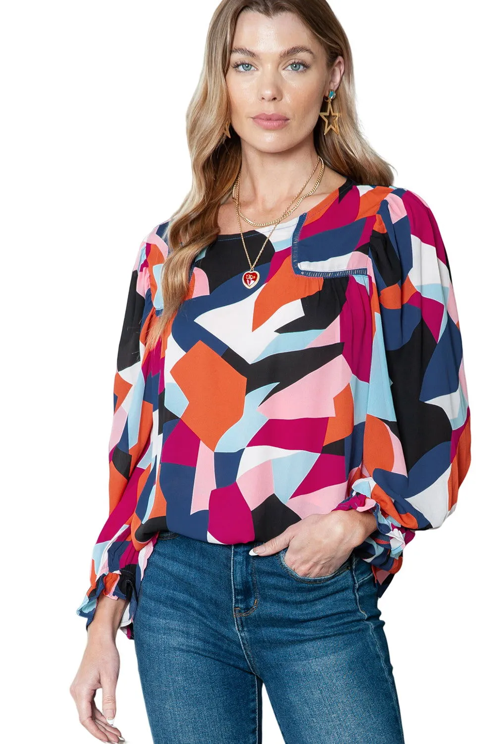 Multicolor Abstract Print Casual Puff Sleeve Blouse