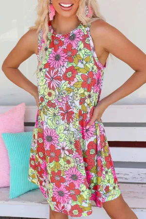 Multicolor Round Neck Sleeveless Floral Short Dress